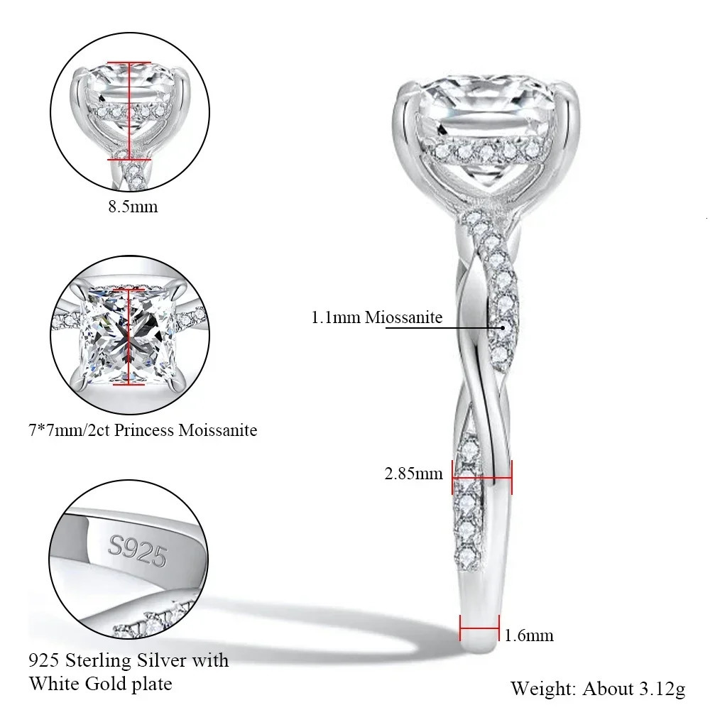 Real Card Ring 925 Pure Silver 2CT Laboratory Diamond Engagement Ring Female Princess Cutting D VVS1 Jewelry Gift 241007
