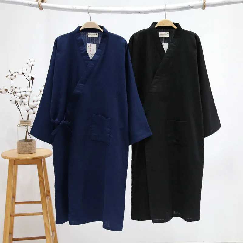 New Mens Cotton Yarn Sleeping Gown Thin Summer Cotton Kimono Bathrobe Mens Robes Long Bath Robe Loose Leisure NightgownXJ241018