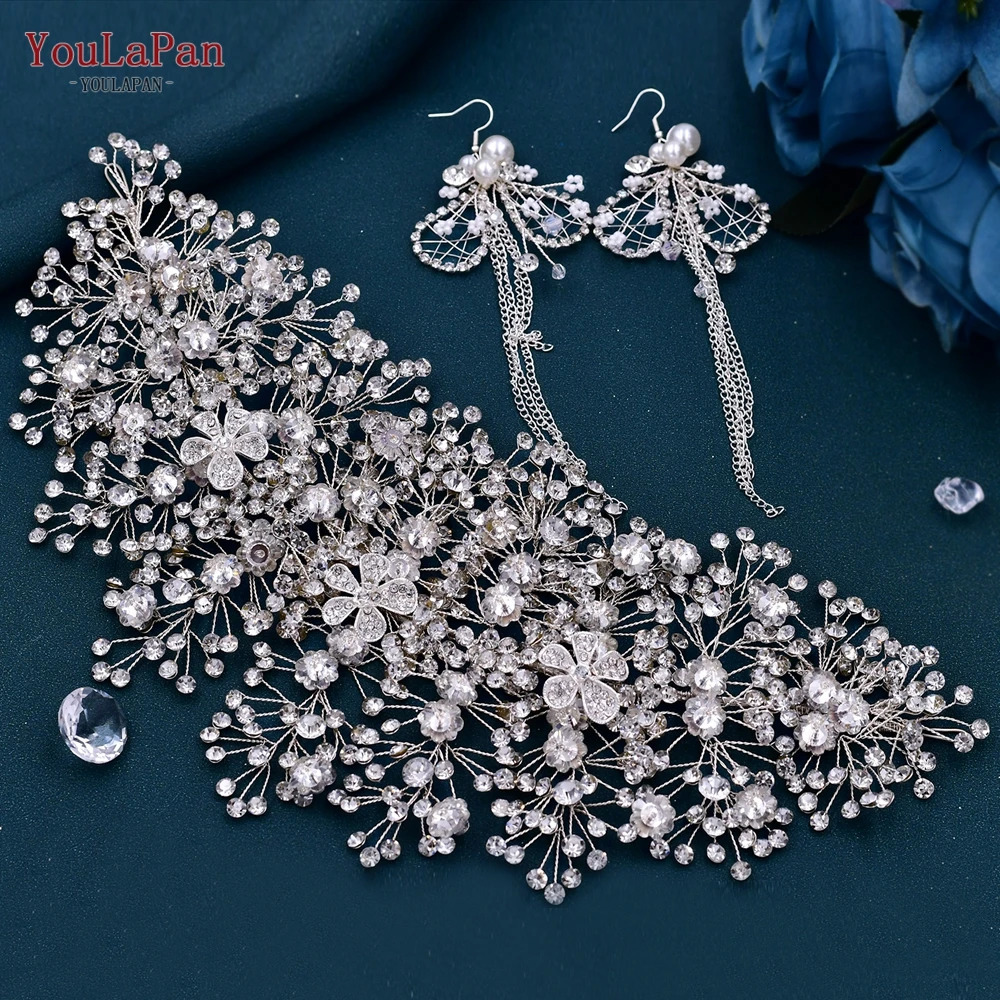 YouLaPan Luxury Diamond Bridal Headpiece with Earrings Set Bridal Headpiece Crystal Wedding Crown Headband Hair Accessories HP240 241018