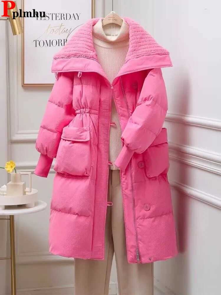 Winter Down Cotton Mid-length Jackets Coats Lapel New Elastic Waist Abrigo Korea Casual Chaqueta Tops Elegant Women Warm CasacoX241019