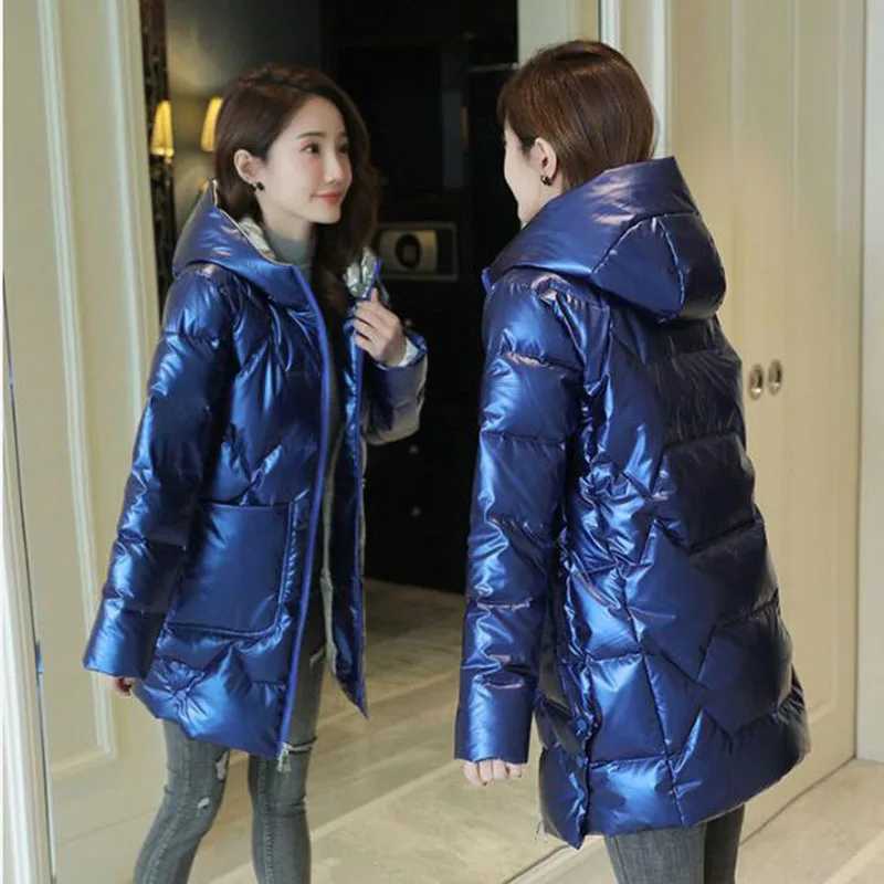 Womens Thick Warm Down Cotton Jacket 2021 New Winter Coat Female Parker Glossy Cotton Padded Jackets Mid Long Hooded OuterwearX241019