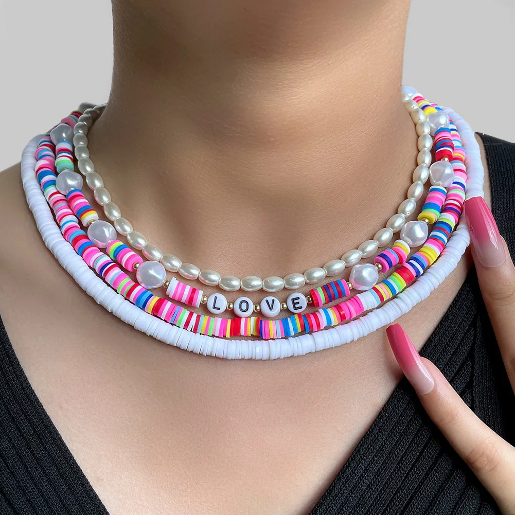 Bohemian Love Letter Colored Polymer Clay Bead Necklace Suitable for Women Baroque Pearl Necklace White Surfing Beads Womens Necklace Set 241018