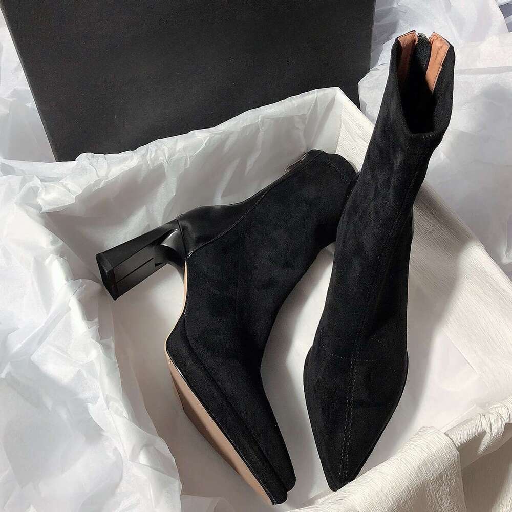 Designer High Heels Booties High Quality Waterproof Platform Solid Color Slim Boots Thick Heel Pointed Toe, Women's Boots, Back Zipper, Easy To W