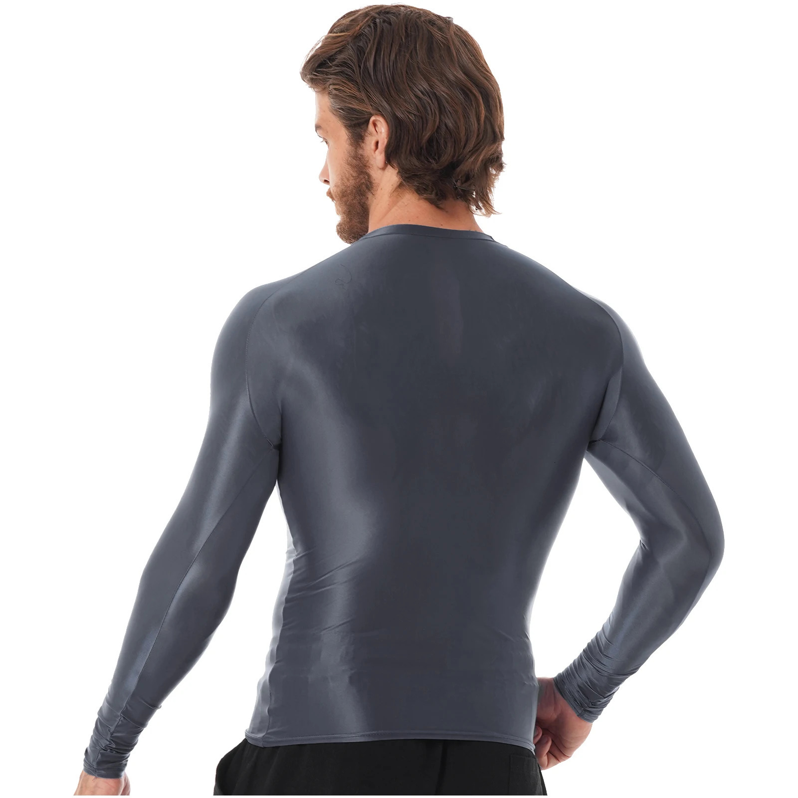 Mens smooth sports top long sleeved T-shirt solid color slim fit breathable fitness gymnastics sports top yoga beach swimsuit 241019