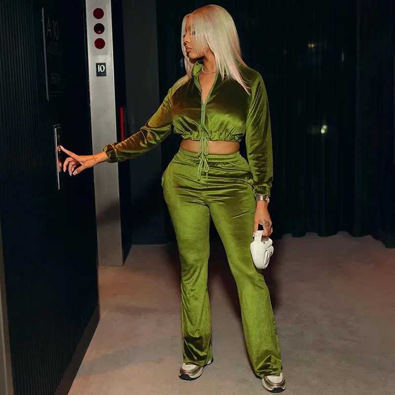 Women's Two Piece Pants Fashion Women 2 Piece Velvet Tracksuits Sets Zipper Sweatshirts High Waist Drawstring Straight Sweatpants Two Piece Outfi