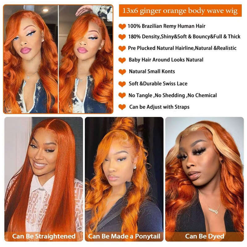 Orange Body Ginger Wave x Transparent Lace Front Wig Human Hair for Women Colored Pre Plucked Natural Hairline line