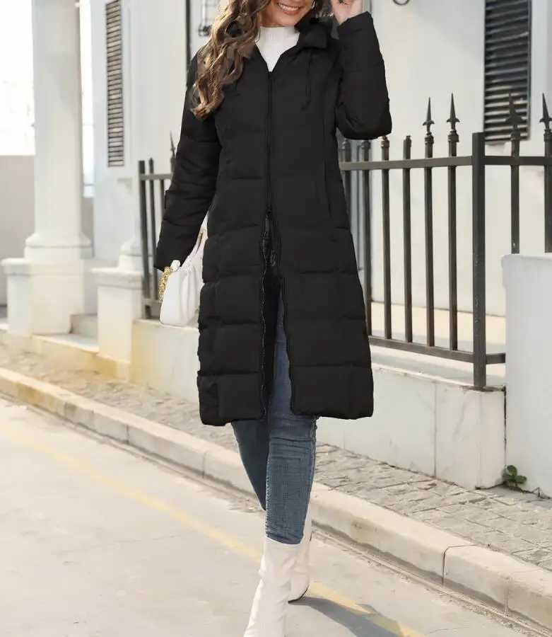 Winter New Hooded Mid Length Slim Fit Warm Long Sleeve Solid Color Down Jacket For Women3 ColorsX241019