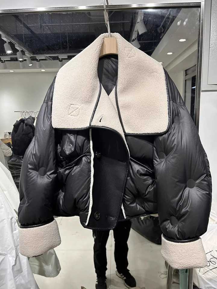 Women's Down Parkas 2024 Winter Womens Down Jacket Warm Casual Jacket Womens Puff Jacket Patchwork PU Leather Parks Korean Womens Collar Jacket Y