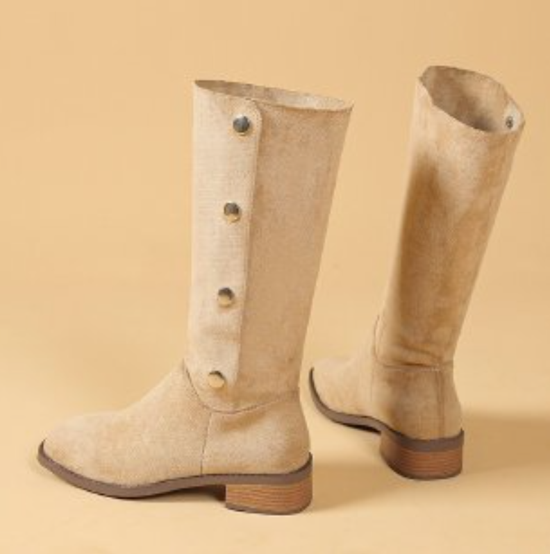 Chunky Heel Boots for Women: Trendy Plus-Size Footwear in Black and Beige bf3e