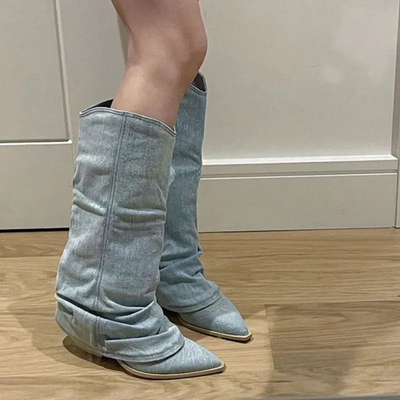 Pleats Blue Denim Thigh High For Women 2024 Spring Thick Heeled Pointed Toe Cowboy Womens Boots Slip On Western Long Boots