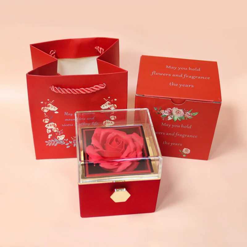New Rotating Rose Jewelry Gift Box Valentines Day Wedding Acrylic Ring Box Necklace Storage Rose Jewelry Display Stand W241019