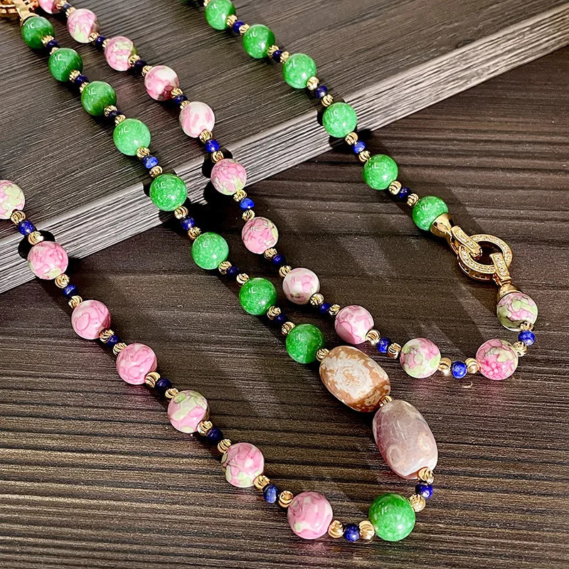 Tianqingshi Agate Road Exit Pink Ceramic Natural Stone Bead Sweater Necklace 241018