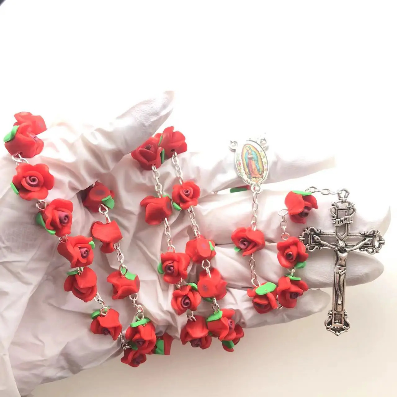 Handmade cathode rose necklace soft ceramic rose beads rose polymer clay necklace with Jesus Cross Virgin Guadalupe Center 241018