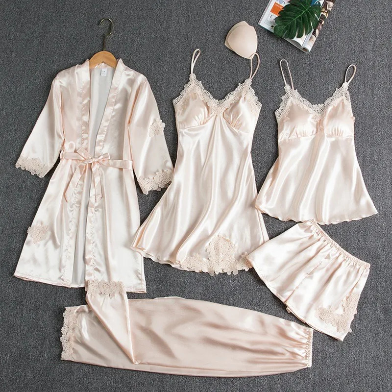 Womens Spring V-neck Lace Satin Pajama Set 5PC Silk Night Light Home Pajama Sexy Cami Vest Evening Dress 241009