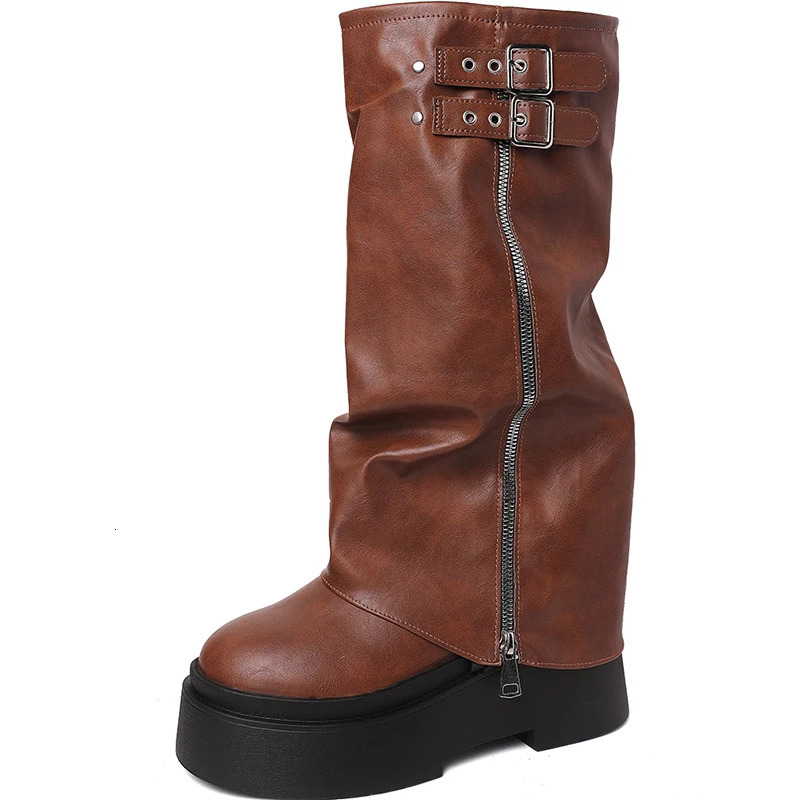 Retro platform flat bottomed womens knee high boots fashionable buckle shoes autumn womens knight boots 241018