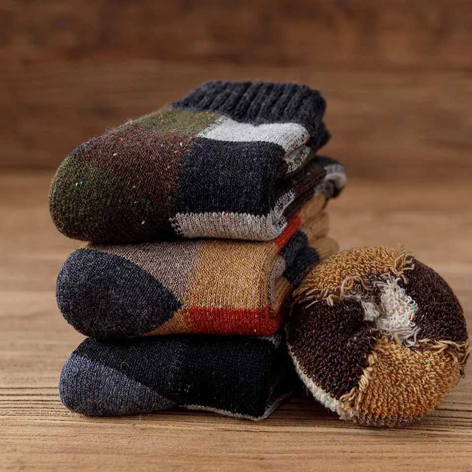 3 Pair Winter Mens Wool Socks Thick Warm Harajuku Retro Large Size Plaid Casual Cashmere Long Merino Socks MenXJ241019