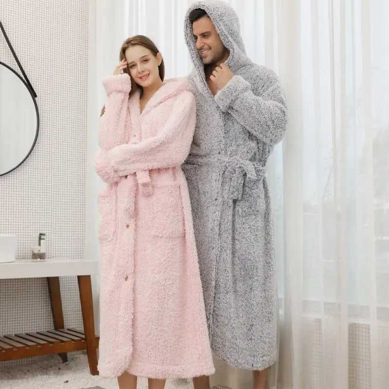 Winter Luxury Double Layer Flannel Men Robe Hooded Nightgown Thick Coral Fleece Belt Botton Super Long Loungewear Loose BathrobeXJ241018