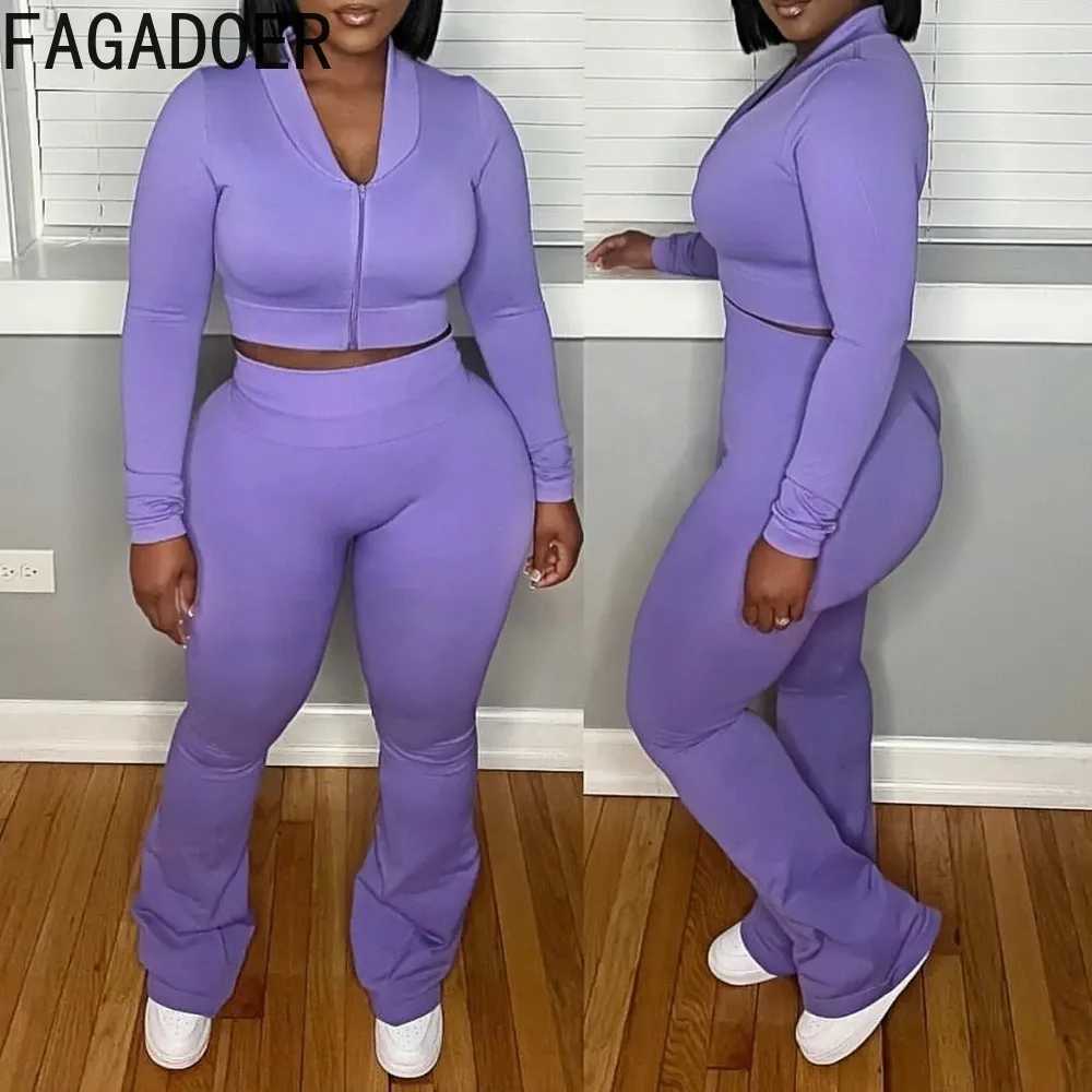 Women's Two Piece Pants FAGADOER Autumn New Quality 2 Piece Sets Outfit Women Long Slve Zip Crop Top + High Waist Flare Pants Suit Sporty Strtwea