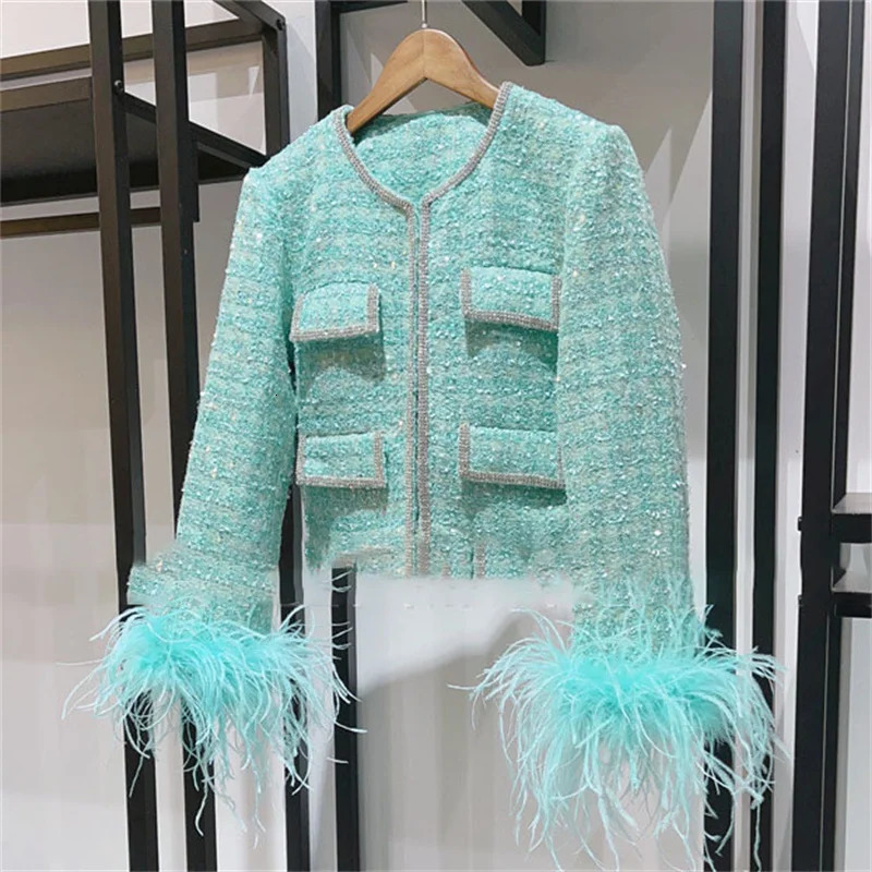 Women jacket autumn outerwears Fashion sequin decorative tweed Long sleeved top Feather patchwork coat y2k Blouse 241019