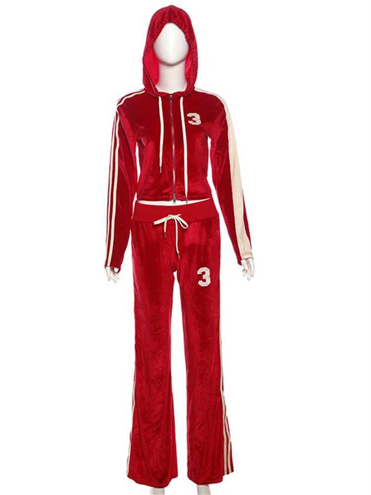 Women's Two Piece Pants Absobe Velvet Y2K 2-piece Womens Zipper Crop Hoodie Top Flash Pants Set Splicing Color Contrast Lace Low Rise Slimming Se