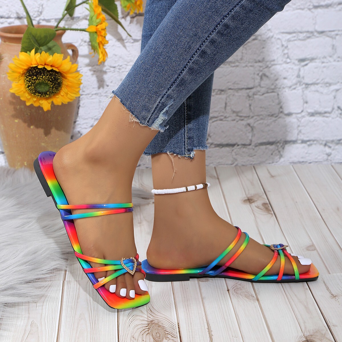 Wind Women S Sandals Summer Square Toe Fashionable Love Buckle Large Size Flat Bottomed For Ddmywed ddmythur