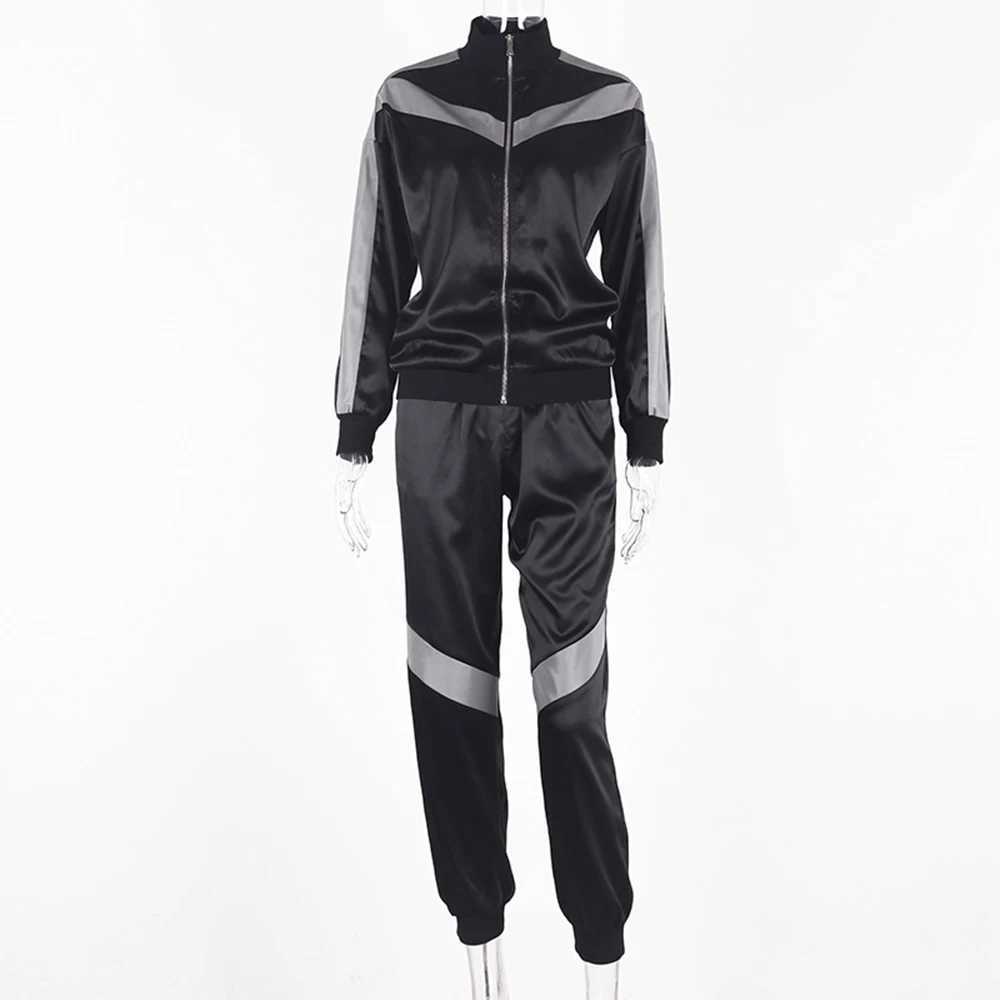 Women's Two Piece Pants Women 2 Piece Reflective Tracksuits Set Loose Jogger Outwear Baseball Bomber Jackets Zipper Sweatsuits Long Sweatpants Co