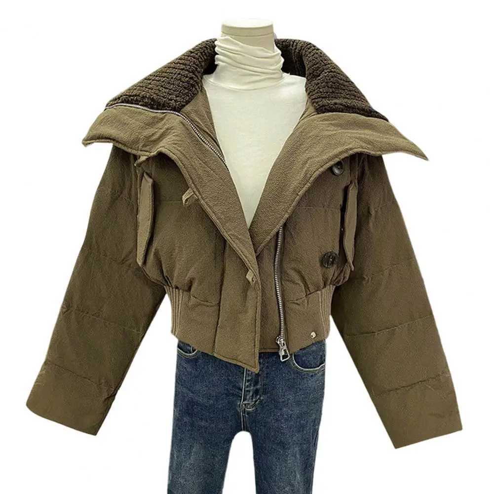 Women's Down Parkas 2024 Korean Chic Knitted Collar Autumn Winter Coat Womens Thick Cotton Jacket Loose Parka Warm Cotton Lining Jacket Short Coa