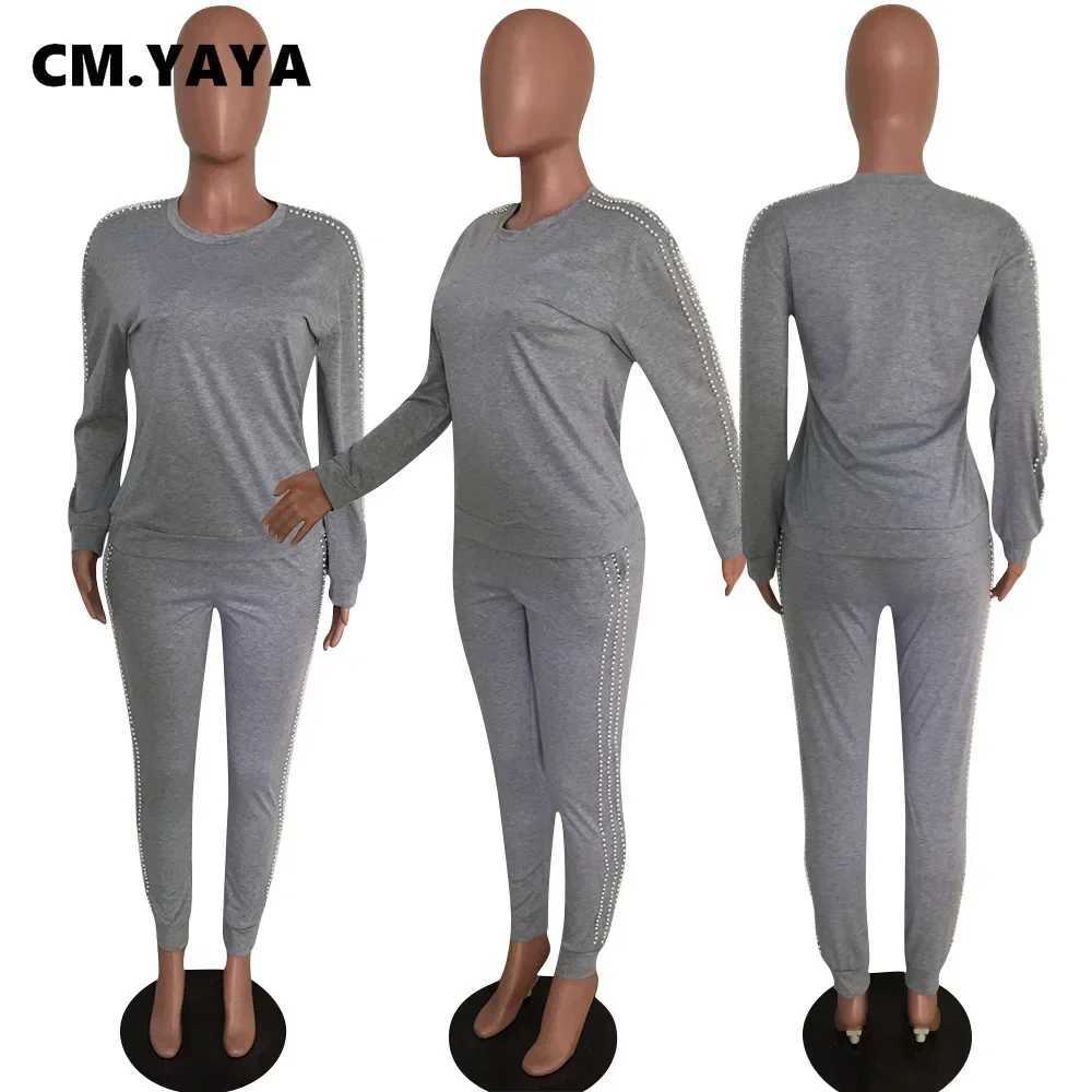 Women's Two Piece Pants CM. YAYA Spring and Winter Pearl Bead Side Womens Two Piece Set Sports Shirt and Jogging Pants Set Sports Shirt Y241019YG