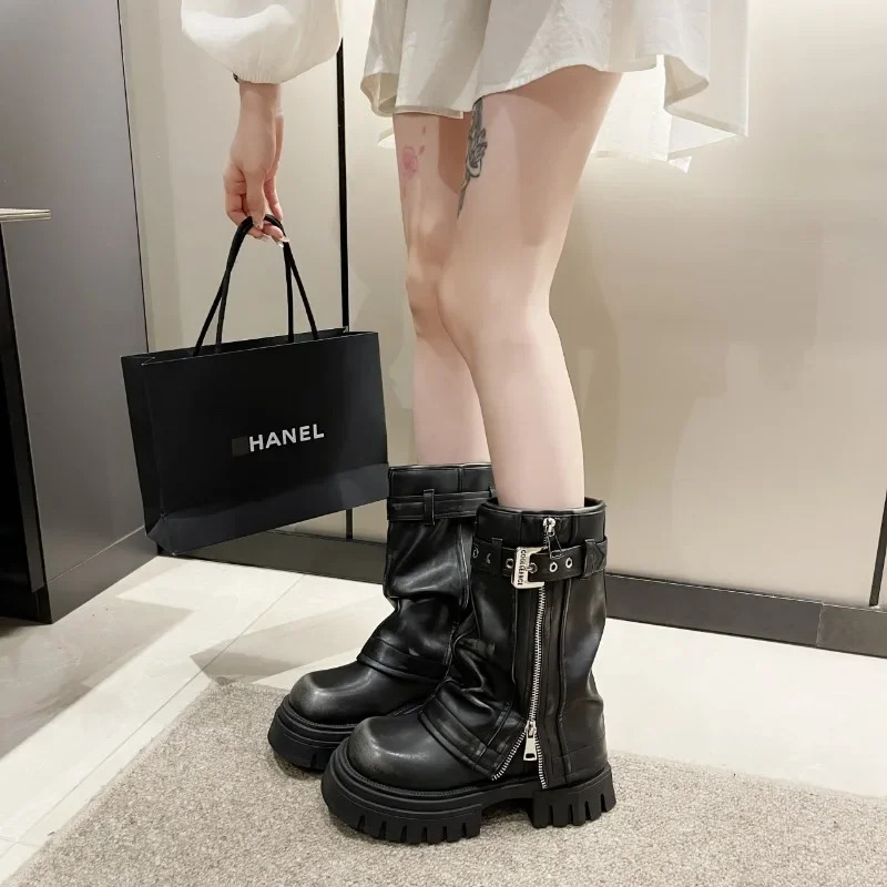 2024 Small and Medium Leg Womens Boots Platform Modern Boots Womens Belt Buckle Square Lace Zipper Square Heel Womens 241018