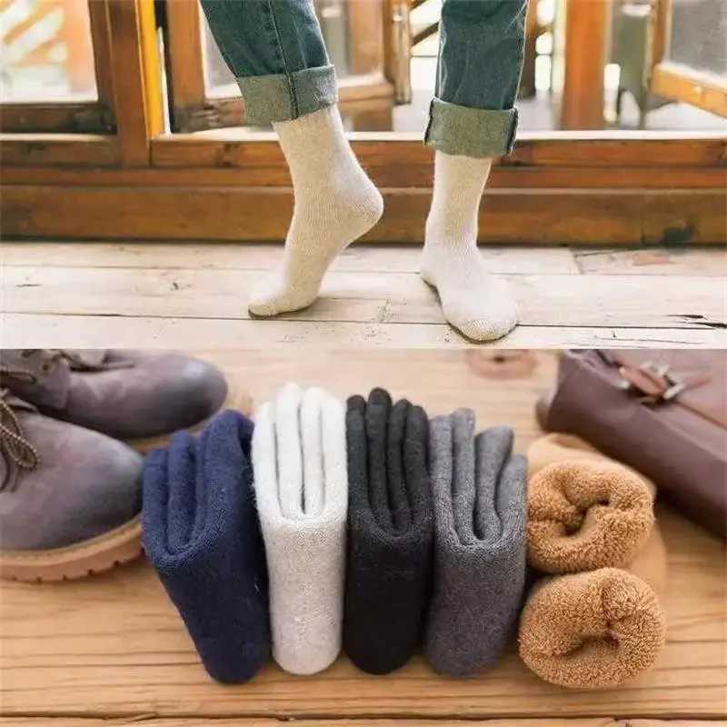 3Pairs/Mens Socks Winter Warm Solid Color Wool Thermal Socks Super Thick Snow Socks Comfort Happy Long Tube Wool Socks EU38-46XJ241019