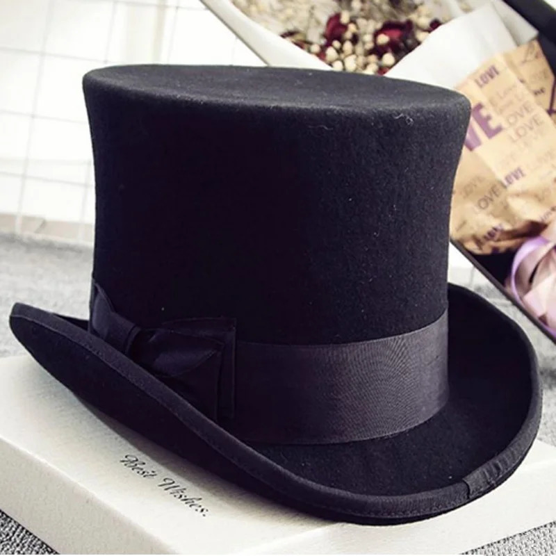 Fedoras wool feather magic high hat British black jazz top hat mens flat head hat Webbing sombrero de copa Britanico 241018