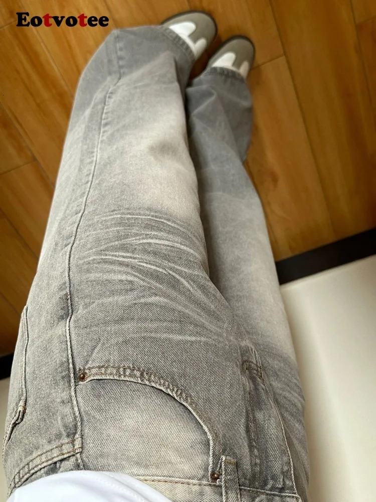 EOTVOTEE Korean Vintage Jeans for Women High Waisted Streetwear Casual Button Y2k Straight Pants Pattern Full Length 241007