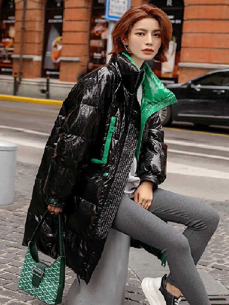 Women's Down Parkas Winter jacket shiny womens Parka down jacket cotton jacket red jacket windproof smooth womens T-shirt thick and loose waterpr