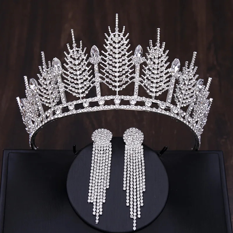Baroque Luxury Silver Color Crystal Bridal Tiaras Crown With Earrings Rhinestone Pageant Diadem Wedding Hair Accessories Bijoux 241018