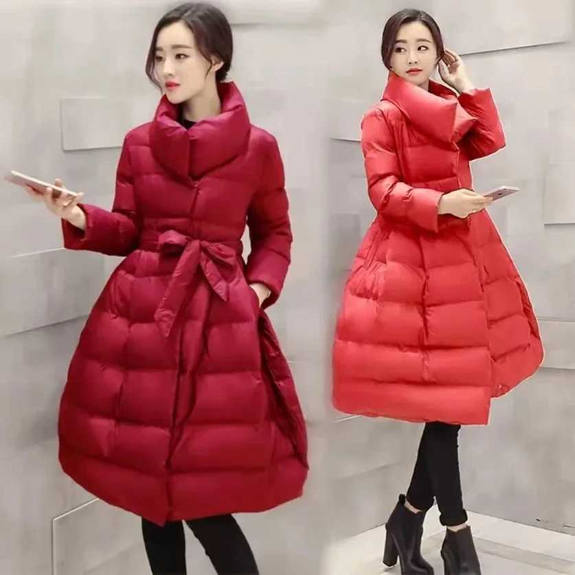 2024 Winter Jacket New Cotton Coat Womens Parkas Mid Length Korean Slim Red Fluffy Warm Cotton Padded Coat Female Outerwear TopX241019