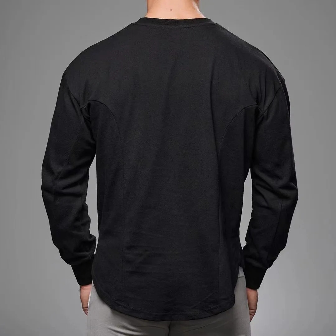 Mens long sleeved pure cotton T-shirt with curved hem mens autumn sports streetwear 241018