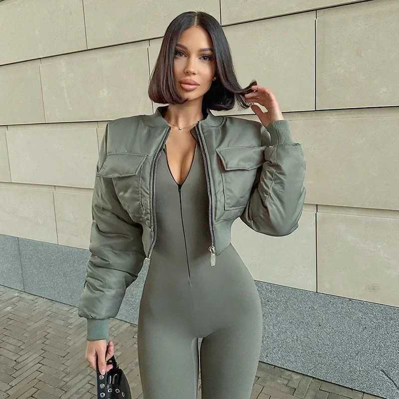 Women's Down Parkas Fashion Women Big Pockets Bomber Jacket Slim Waist Zipper Crop Jackets Outerwear Moto Biker Coats BF Punk Coats Jackets Autum
