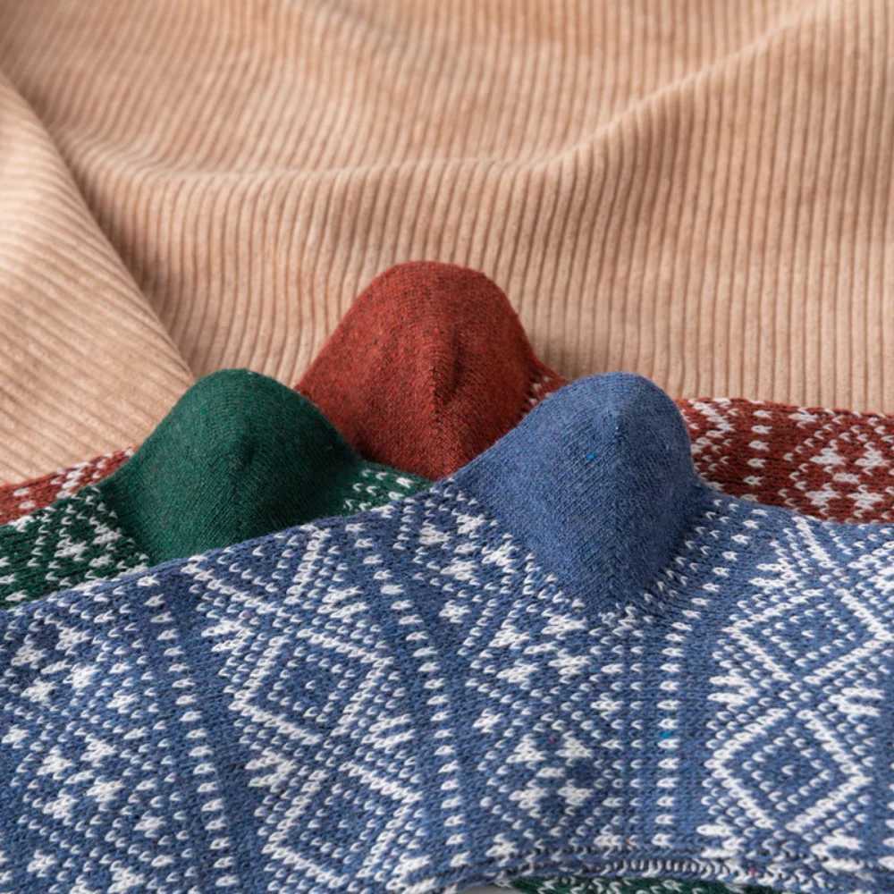 5 Pairs New Autumn and Winter Double Needle Diamond Men Mid-tube Casual Socks Ethnic Style Thickened Warm Wool SocksXJ241019