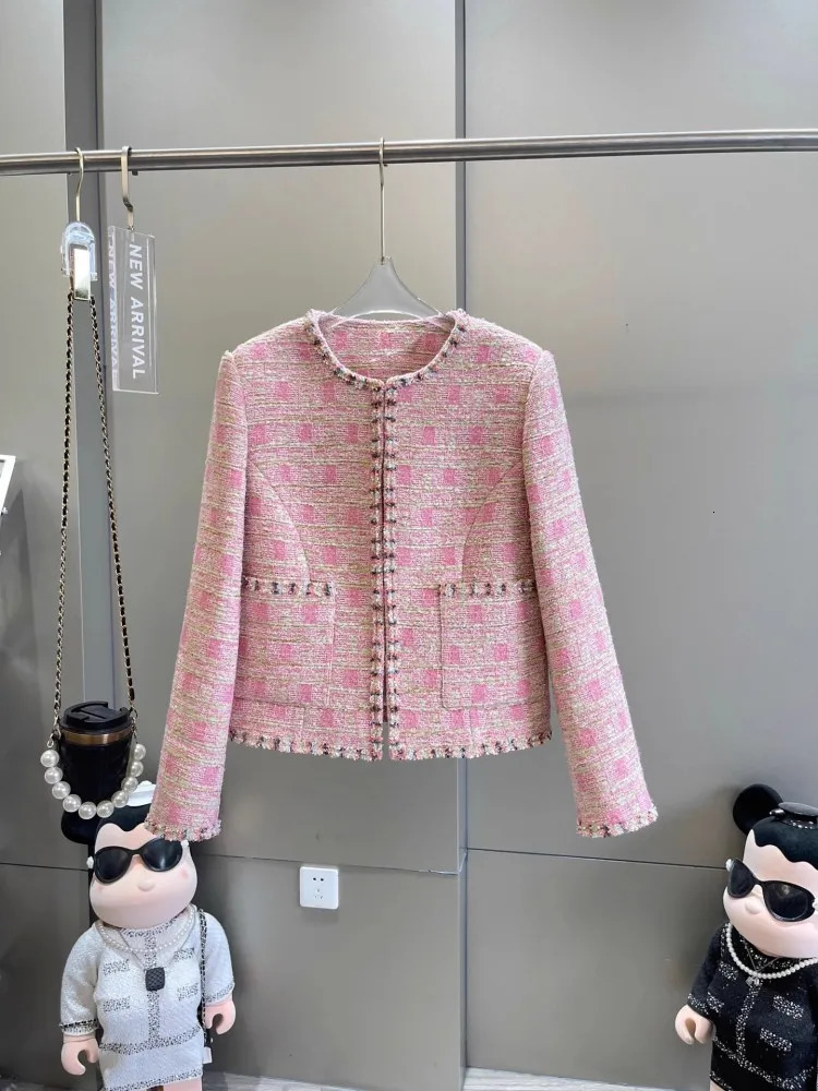 Women Pink Tweed Jacket Fashion Elegant ONeck Spring Autumn Short Coat Long Sleeve Slim Fit Outerwear Office Ladies Jackets 241019