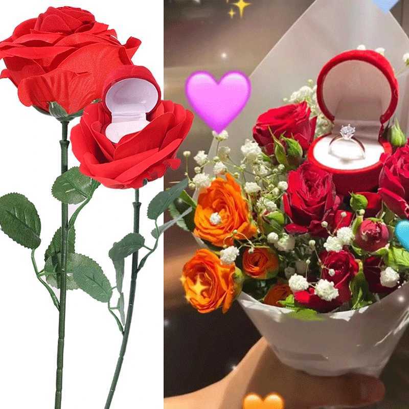 Romantic Rose Ring Box Red Velvet Rose Earrings Display Stand Gift Box Bridal Engagement Jewelry Storage Box W241019