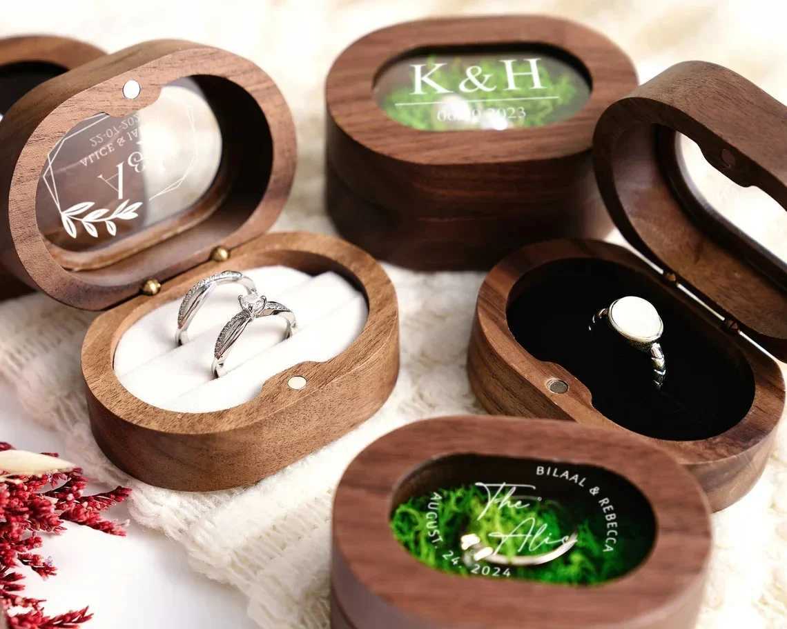 1 free customized wooden wedding ring box transparent personalized carving engagement proposal stand bride gift W241019