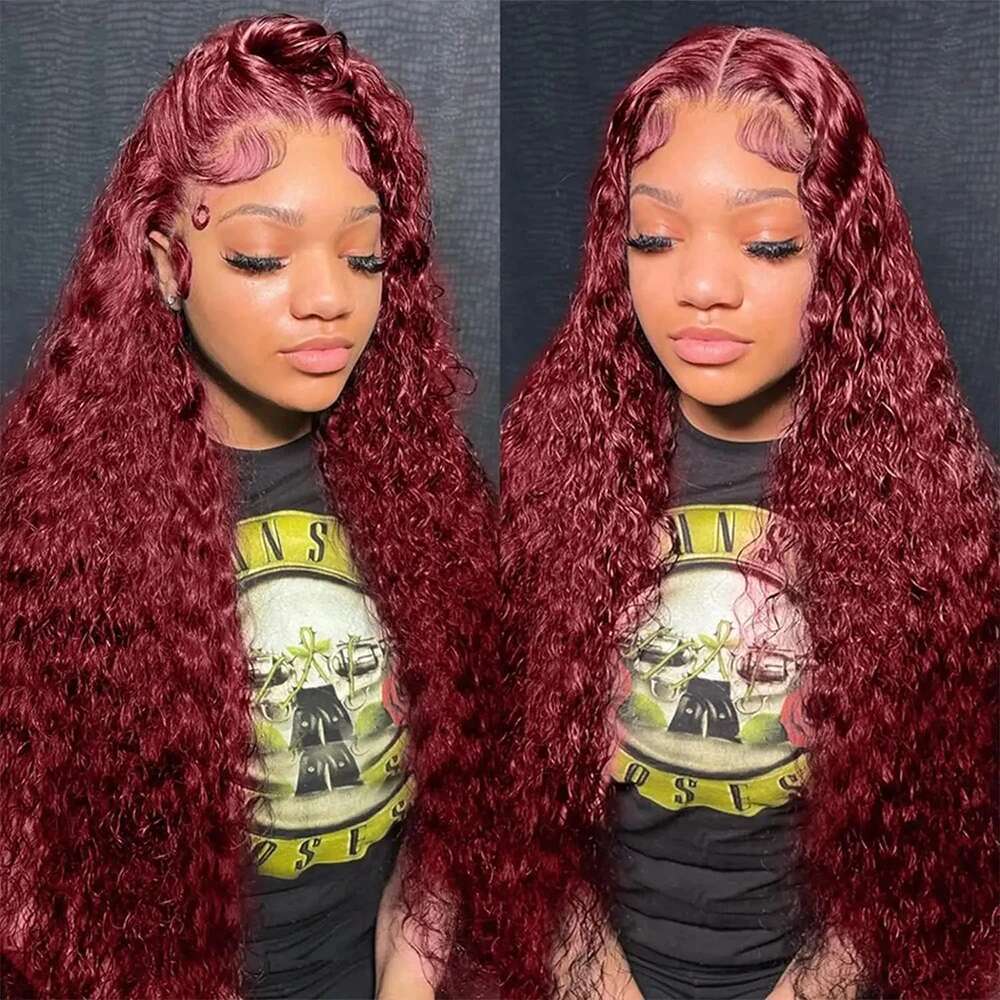 Deep J Burgundy wave Lace Front Human Hair Red Colored x HD Frontal Wigs For Women Density Curly Wave al