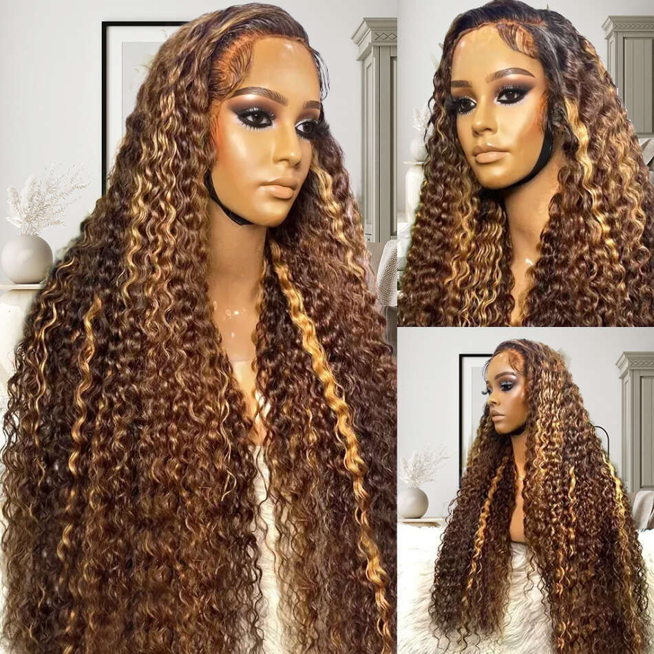 30 32 Inch Highlight Honey Brown Curly Front Human Hair Wigs 13x6 13x4 Ombre Colored Deep Wave Lace Frontal Wig