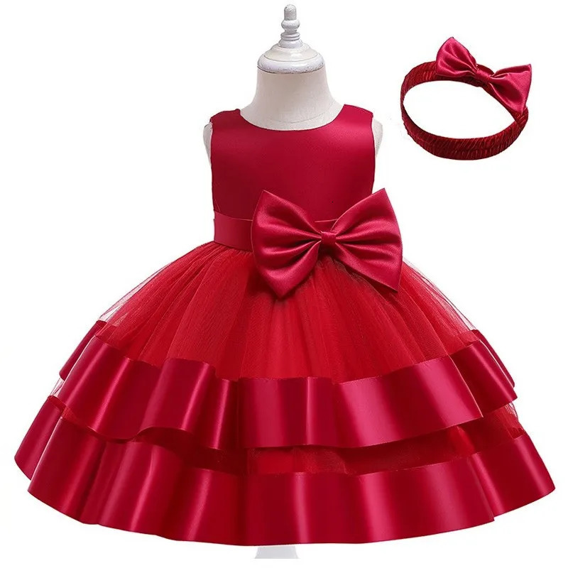 Satin Gauze Big Bow Baby Girls Princess Dress Summer Wedding Ball Christmas Birthday Party Costume Girl Dresses Gift Headband 241008