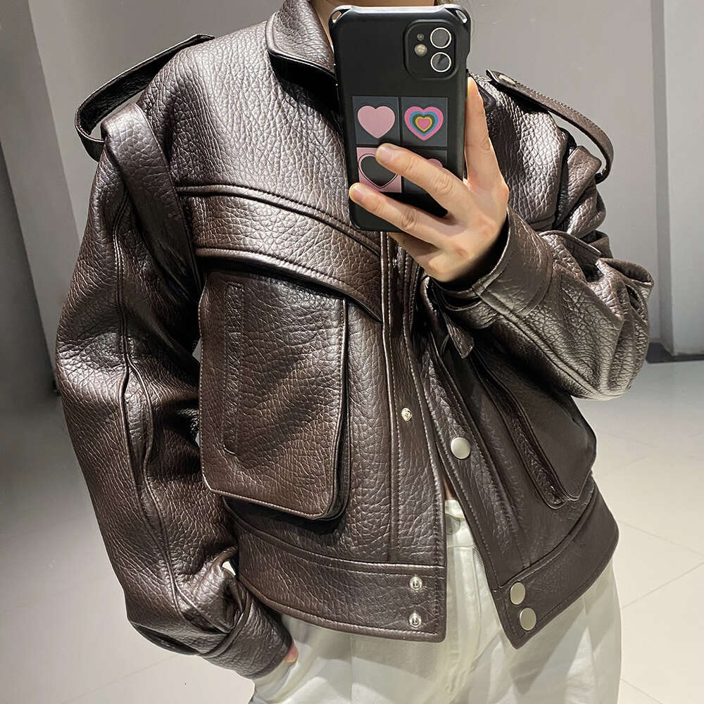 Yoloagain Women's High Quality Real Oversized Dark Brown Grain Leather Jacket