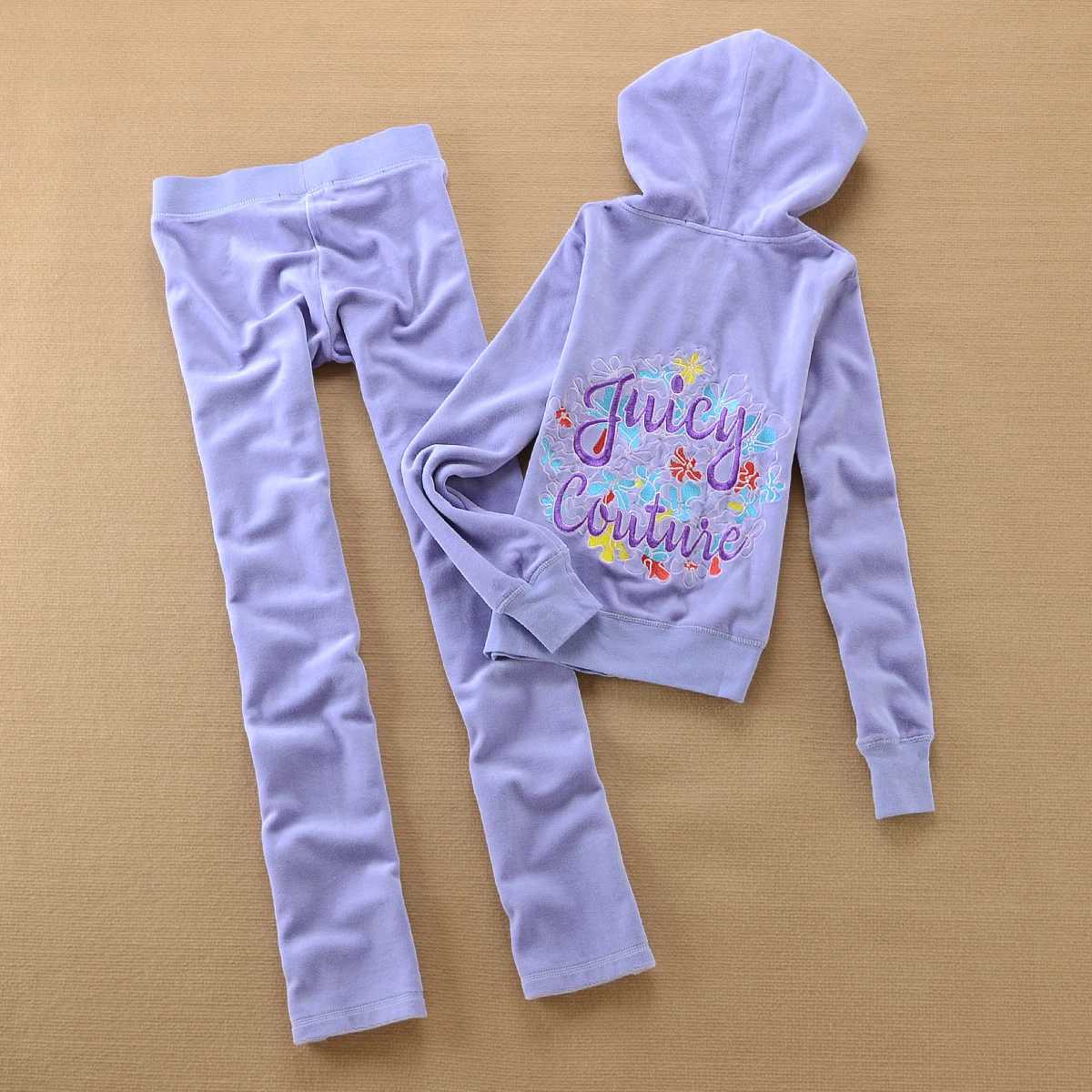 Women's Two Piece Pants Juicy Cometure Velvet Tracksuit Suit Sweatshirt Embroidered Flower Crystal Zipper Top + Casual Sports Straight Pants Y241