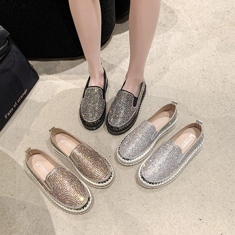 Thick soled shoes 2024 new model, thick soled, low cut, shallow mouth, sequins, large size, fashionable, sports and casual single shoes for women