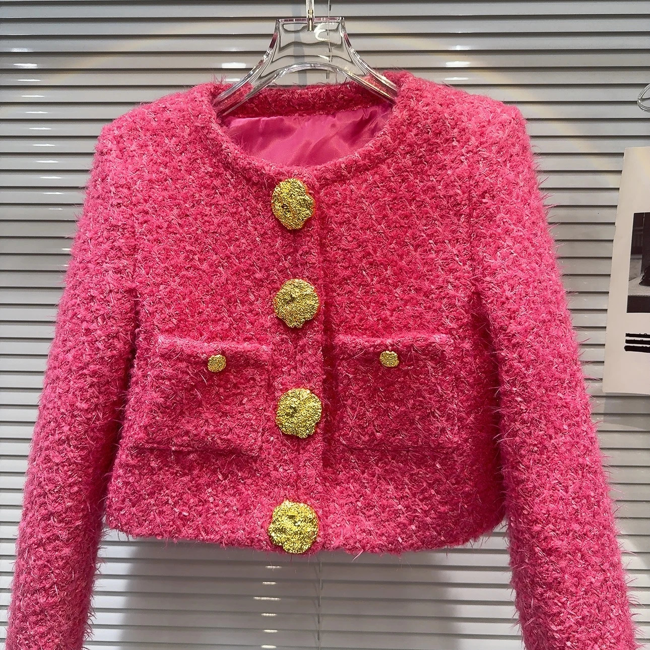 PREPOMP Autumn Arrival Big Gold Buttons Tweed Jacket Rose Pink Short Coat Women GS501 241019