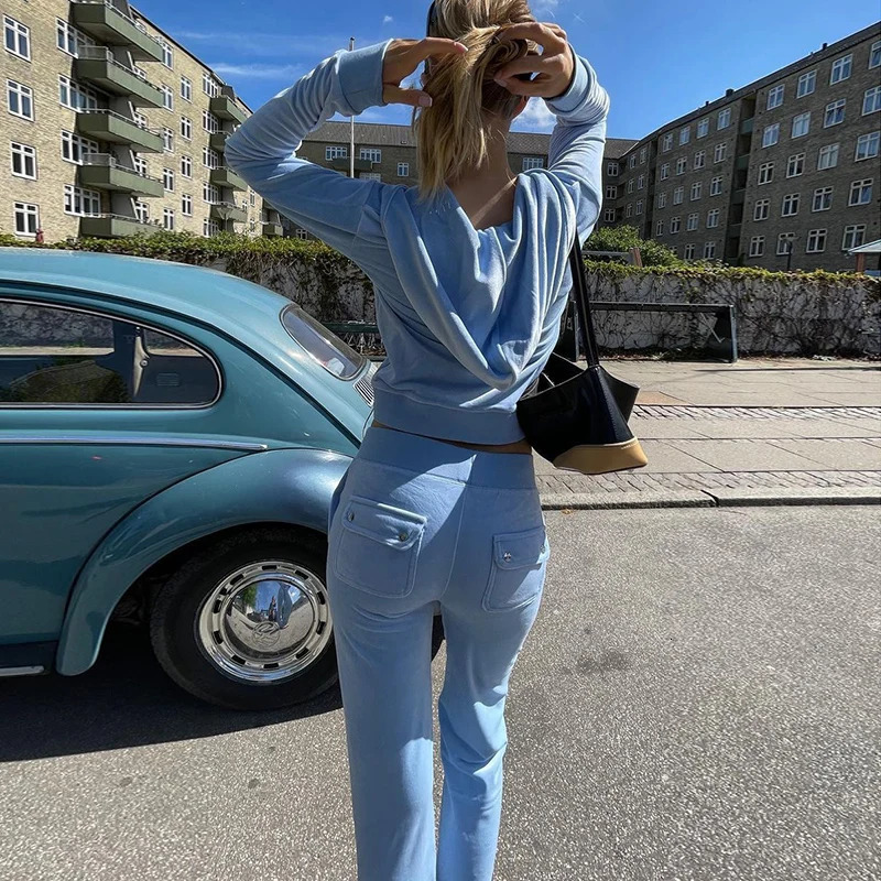 Women Solid Tracksuit Pocket Velvet Outfit Two Piece Set Sewing Suits Jogging Set Velour Hoodie Sweatshirt And Pants Suit Y2k 241010