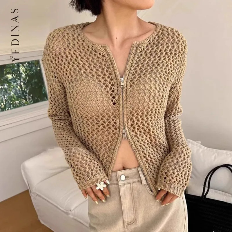 Yedinas Streetwear Hollow Out Knitted Tops Long Sleeve Korean Fashion Double Zipper Cardigan Women Sweater Knitwear Y2k Chic 241010